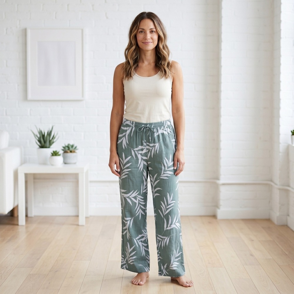 Stars Above Womens XS Green Palm Leaf Print Wide Leg Pajama Pants Sleepwear